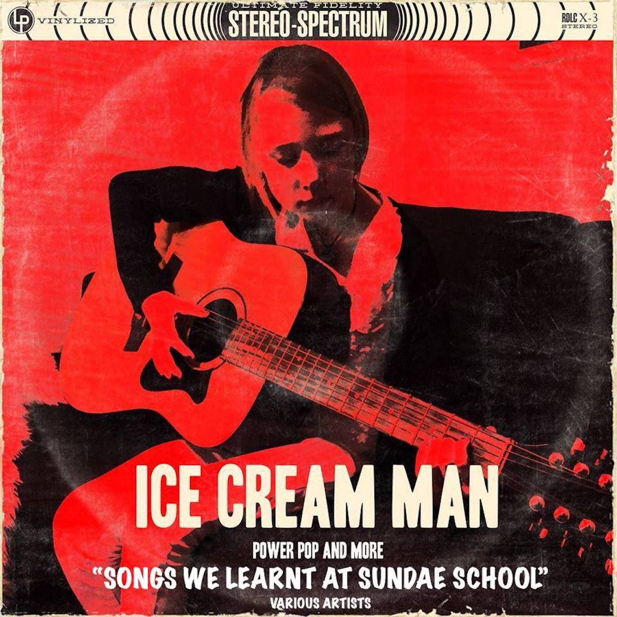 A red and black cover of an album with a man playing guitar.